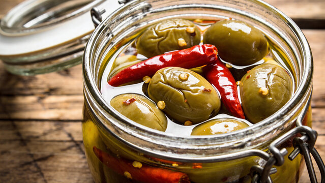 Olives in jar with red chili peppers on wooden surface in food preparation setting