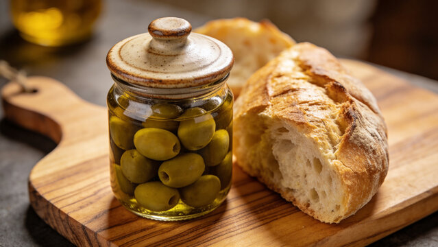 Olives in jar with fresh bread on wooden board in kitchen setting during day