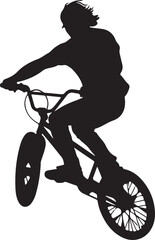 Obraz premium Black silhouette of a young man riding a bmx bike doing a trick, active lifestyle and extreme sports concept