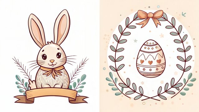 Hand drawn Easter bunny peeking from planter with ribbon bow, leafy sprigs, blank banner, and decorative egg wreath in soft pastel colors for spring greeting design