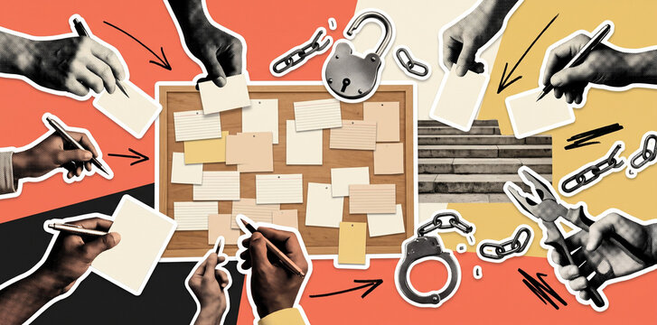 World Day Against the Death Penalty Pop Collage with Petition Board, Cropped Hands, Broken Chain, Open Lock and Courthouse Steps