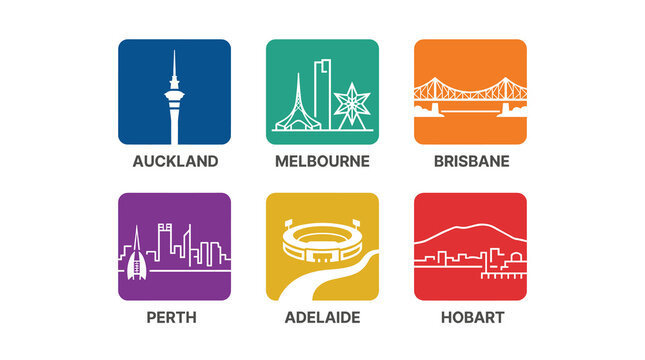 Modern Oceania City Skyline Icon Set in Vibrant Square Flat Vector Style Featuring Auckland, Melbourne, Brisbane, Perth, Adelaide and Hobart