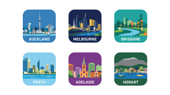 Australian City Skyline Vector Icon Set in Modern Flat Multicolor Square Badge Style