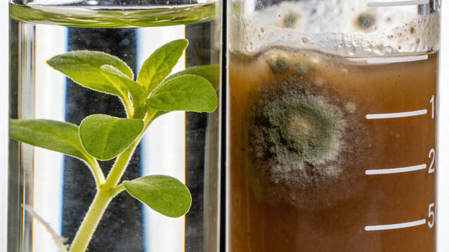 Research on plant growth in biotechnology laboratory with water and brown substance