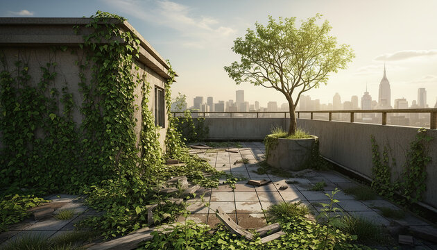 Overgrown rooftop terrace with potted tree and city skyline at sunrise showing urban nature reclaiming space