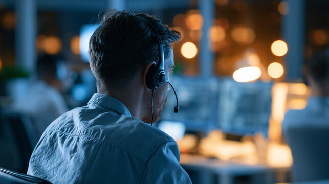 Faceless young Caucasian male call center worker wearing a phone headset talking at a support line in a modern open plan office at night, professional helpline environment,