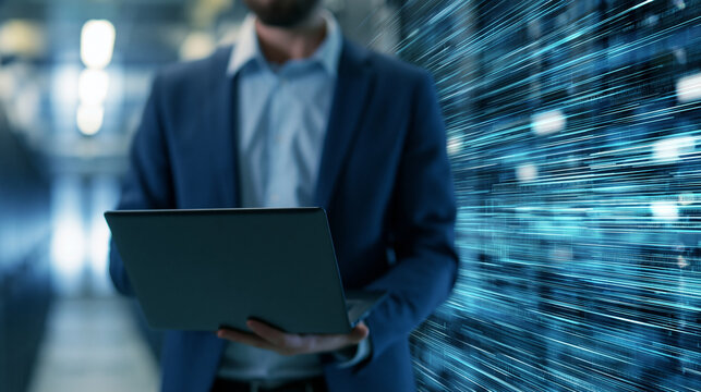 Faceless Chief Technology Officer standing in a data center warehouse holding a laptop, digital data streams flowing through server racks behind them, futuristic SAAS and cloud