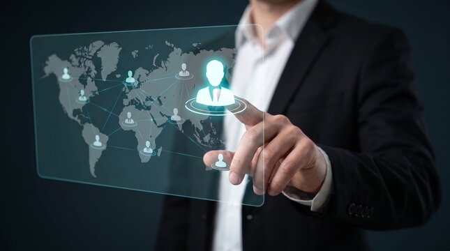 global human resource management and recruitment concept. businessman interacting with virtual world map interface to manage international workforce, team connection and talent acquisition