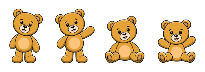 Four Cute Teddy Bears in Different Poses. A collection of four charming cartoon teddy bears, each depicted in a distinct pose, including standing, waving, sitting, and with arms open. © Joba Vector Studio