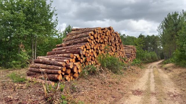 Stacked pine logs beside dirt forest road supply chain operations