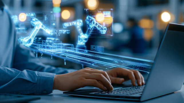 Faceless engineer with a laptop activating an autonomous EV factory digitization visualization, robotic arms and assembly line digital twin lines visible, defocused factory in