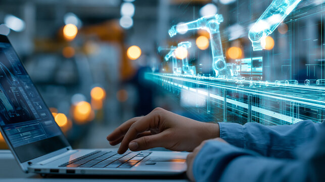 Faceless engineer with a laptop activating an autonomous EV factory digitization visualization, robotic arms and assembly line digital twin lines visible, defocused factory in