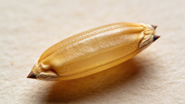 Closeup view of a single grain of rice showcasing its shape and texture