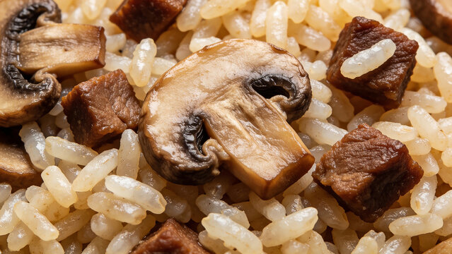 Rice dish with mushrooms and meat pieces displayed in close view at a local market