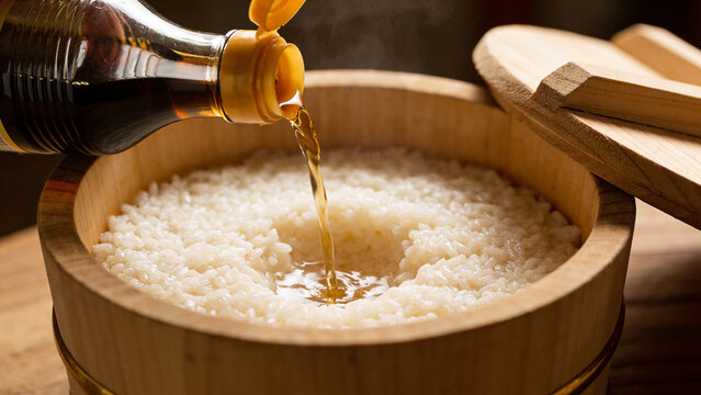 Rice is prepared with liquid poured into a wooden container in a food setting