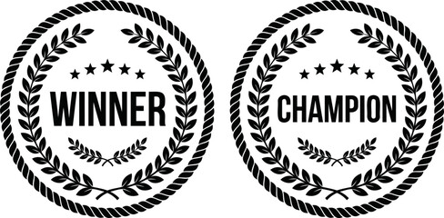 Set of two vintage style winner and champion circular laurel wreath emblems with stars and rope borders for achievement awards champion achievement illustration circular © MD. SINAN ISLAM