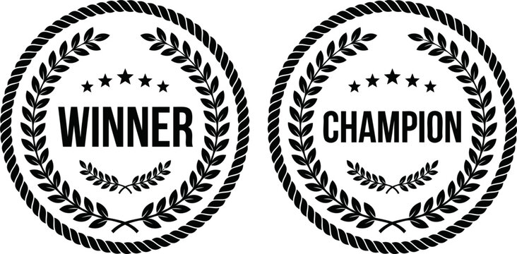 Set of two vintage style winner and champion circular laurel wreath emblems with stars and rope borders for achievement awards champion achievement illustration circular