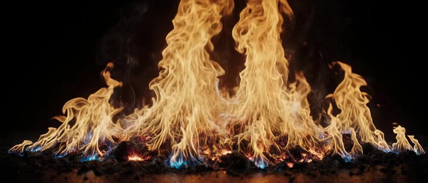 Fiery flames burning with intense heat and vibrant orange glow during a dark night setting with a concept of raw power and energy in a cinematic style
