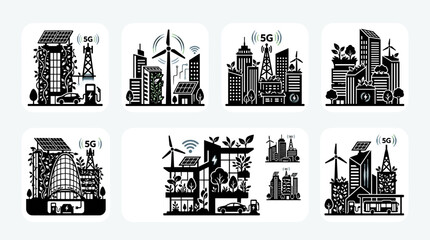 Naklejka premium Black and Green Sustainable Smart City Building Icon Set Vector Illustration in Minimal Flat Urban Design Style