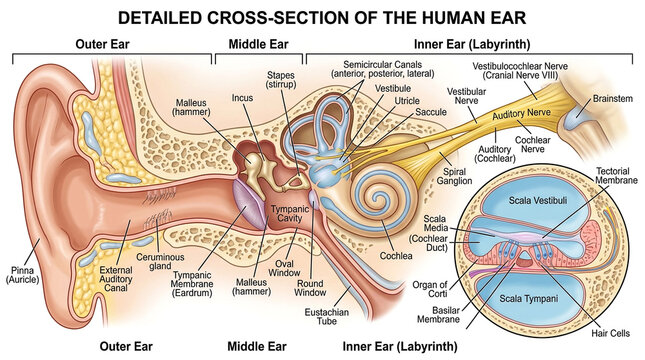 Human ear anatomy cross-section. Detailed medical diagram of ear structure.