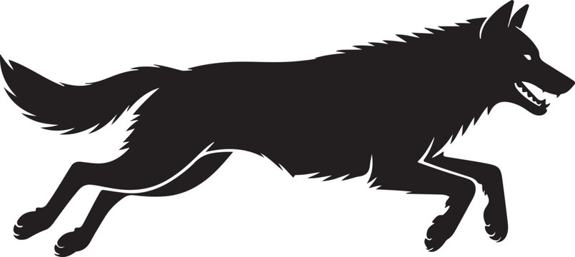 Silhouette of a running wolf, a powerful predator in motion, vector illustration of a wild canine, dynamic pose of a wolf hunting, stylized animal graphic for design projects