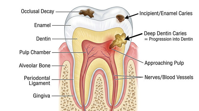 Tooth decay progression into dentin. Dental caries development process