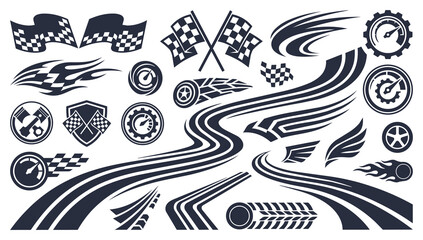 Race flag and racing elements set graphic decorative designs for car rally motorsport championship © SilhouettesCraft