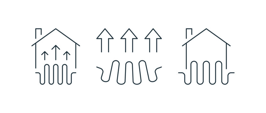 House heating icon set featuring rising warm arrows above a home, underfloor heating waves and multiple directional heating arrows for household warmth vector illustration.
