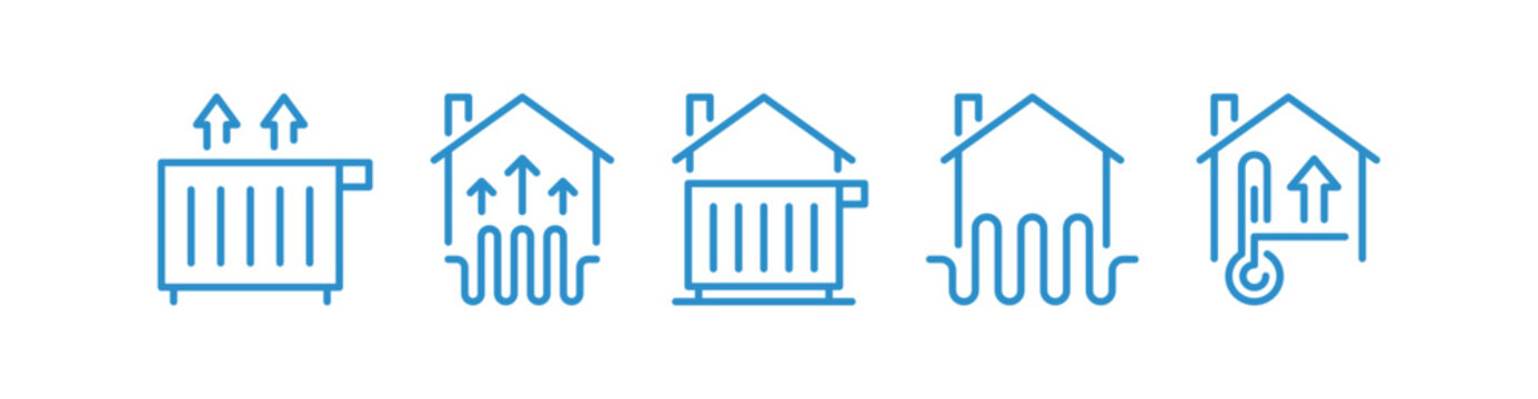 House heating icon collection featuring a radiator panel, rising warm arrows above a home, underfloor heating waves and thermometer symbol for household comfort vector illustration.
