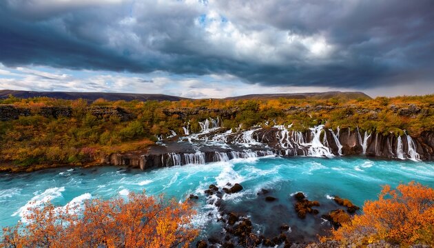 Hraunfossar Waterfalls Spring Water Streams Through Lava Cliffs Icelandic River Under Dramatic Skies