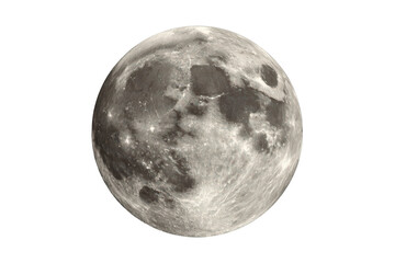 Obraz premium Full moon displaying craters and seas on lunar surface, earth satellite reflecting sunlight in space. Transparent background