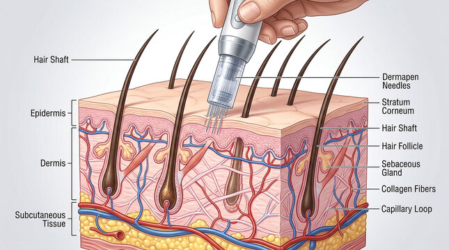 Dermapen microneedling on scalp. Hair loss treatment with skin needles.