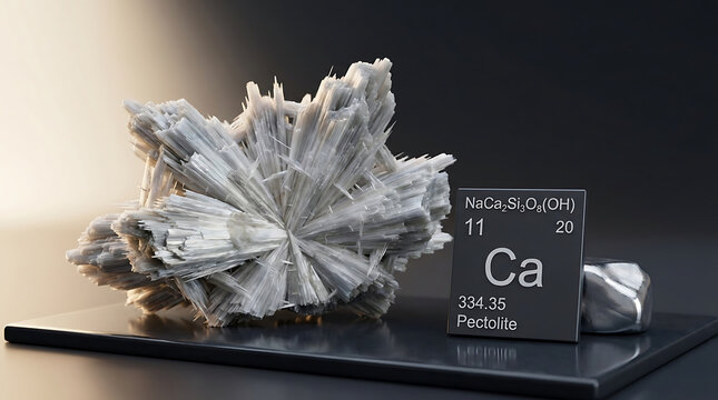 Raw Pectolite Radiating Fibrous Crystal Aggregate White Pale Gray Silky Vitreous Luster Slender Fibers Fan-Like Patterns Beside Dark Sodium Periodic Table Macro Inosilicate