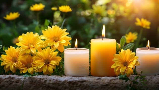 Velas Encendidas Y Flores Amarillas En El Jardin Elementos Decorativos Atractivo Fondo Relajacion Y Aromaterapia