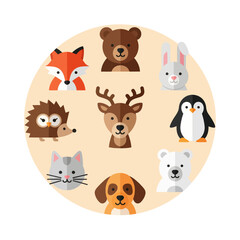 Naklejka premium Cute Woodland Animals Circle Flat Design Icons