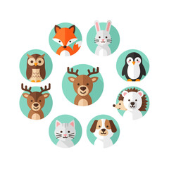 Obraz premium Cute Woodland Animals Circle Icons - Fox, Deer, Owl, Rabbit, Penguin, Hedgehog, Cat, Dog