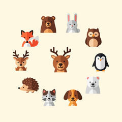 Fototapeta premium Cute Woodland Animals Circle Icons Set: Fox, Bear, Deer, Owl, Penguin, Dog