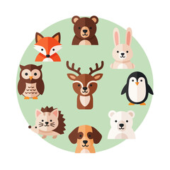 Naklejka premium Cute Woodland Animals Circle Illustration - Fox, Bear, Deer, Owl, Penguin, Dog, Bunny, Hedgehog