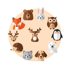 Naklejka premium Cute Woodland Animals Circle Illustration - Forest Creatures Cartoon Style
