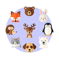 Fototapeta premium Cute Woodland Animals Circle Illustration - Fox, Bear, Rabbit, Deer, Penguin, Dog