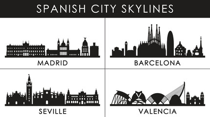 Naklejka premium Spanish City Skyline Landmark Icons Vector Set in Minimal Black and White Silhouette Style