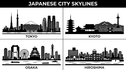 Naklejka premium Japanese City Skyline Landmark Icons Vector Collection in Minimal Black and White Silhouette Style
