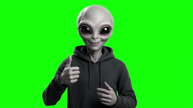 Realistic grey alien hoodie giving a thumbs up, friendly extraterrestrial approval and success concept isolated on chroma key green screen background. 3D.