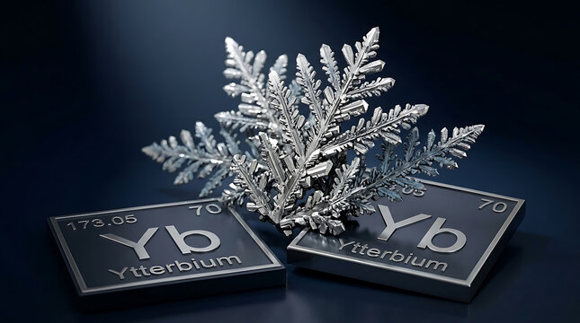 Raw Ytterbium Metal Dendritic Crystal Growth Silver-Gray Luster Fern-Like Branching Bluish-Gray Oxide Film Beside Dark Lutetium Periodic Table Tile Rare Earth