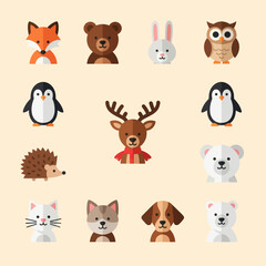 Naklejka premium Cute Woodland Animals Flat Icons Set: Fox, Bear, Rabbit, Owl, Penguin, Deer