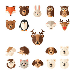 Obraz premium Cute Woodland Animals Set: Fox, Bear, Rabbit, Owl, Penguin, Deer, Dog, Cat, Hedgehog