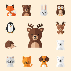 Fototapeta premium Cute Woodland Forest Animals Flat Icons Set - Fox, Bear, Rabbit, Owl, Penguin, Deer, Hedgehog
