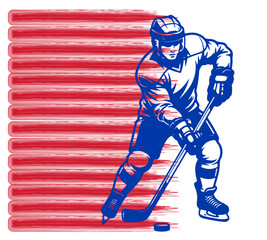Obraz premium Ice hockey player illustration running over red horizontal striped banner background. A patriotic fan design perfect for apparel, sublimation prints and merchandise.
