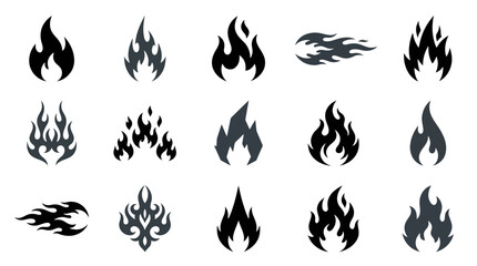 Obraz premium Black flame icons set, 15 tribal fire silhouettes vector, minimalist bonfire and campfire symbols, decorative heat and energy graphic elements