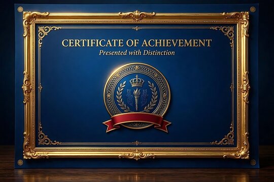 Regal certificate background with a deep royal blue gradient and ornate golden frame for official diplomas, awards, and luxury templates